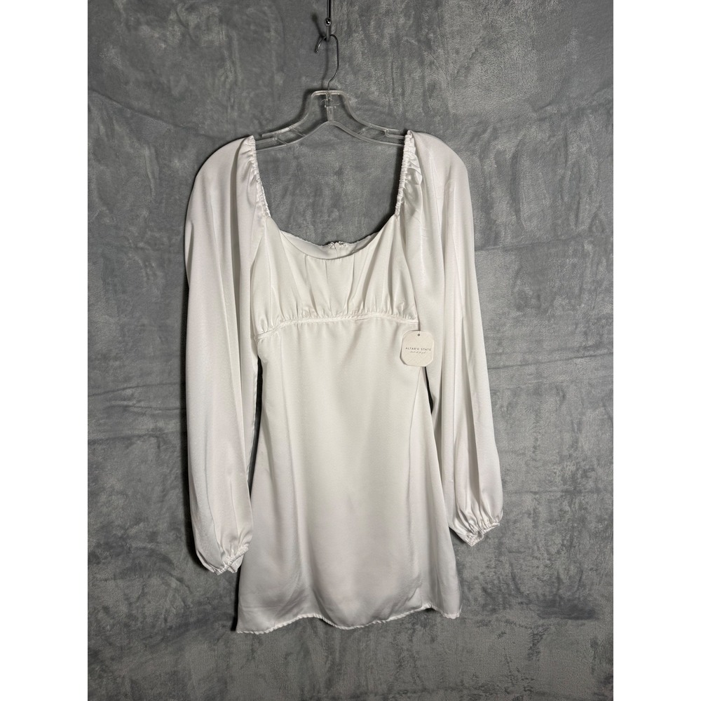 Altard State Womens White Satin Long Sleeve Mini Dress D52429 Square Neck Small